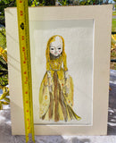 Original Ink Art Doll Woman in Dress Artist Signed Nichole Matted Picture