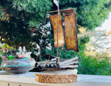 Vintage Handmade Metal Copper Brass Nautical Sail Boat Mounted Onyx Stone Ship