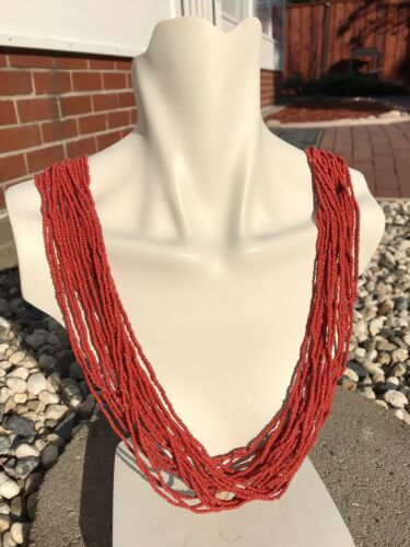 Beautiful Coral Seed Bead Stone Extra Long Multi Row Necklace