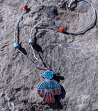 Sterling Silver Coral Turquoise Mosaic Native American Bird Thunderbird Necklace