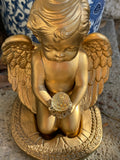 Antique Two Pc Gold Tone Ceramic Angel Cherub Baby Wings Holding Crystal Figure