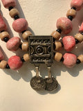 Vintage 1312 Coins Pink Coral Sand + Black Tone Bead Tribal Statement Necklace