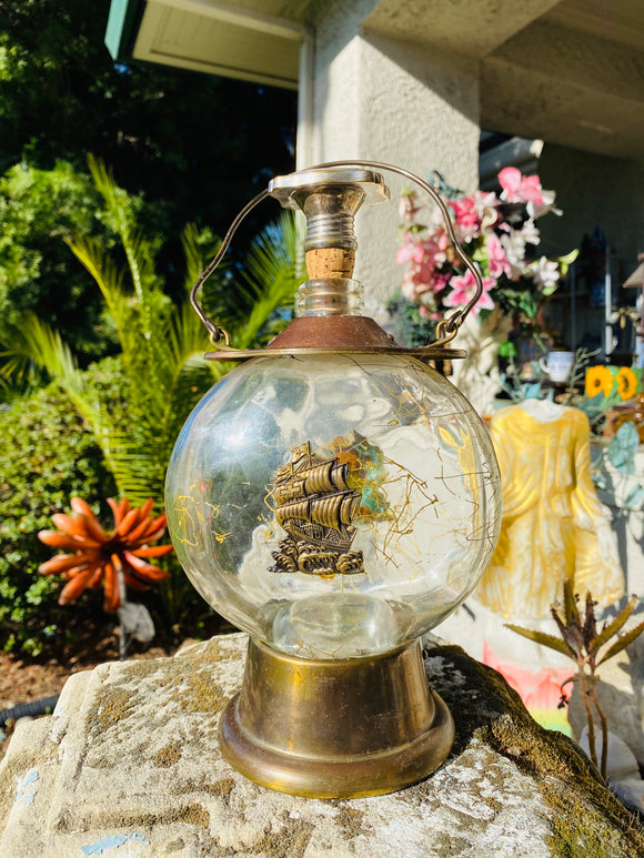 Vintage Nautical How Dry I Am Music Wind Up Glass Ship Liquor Decanter Lantern