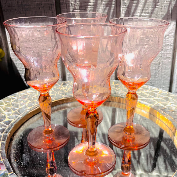 Vintage Peach Tone Glass Ribbed Concave Wine Champagne Drinking Glasses Set of 4
