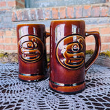 Vintage Hall Pottery Letter G Brown Coffee Beer Mug Stein Cups w Handle Set of 2