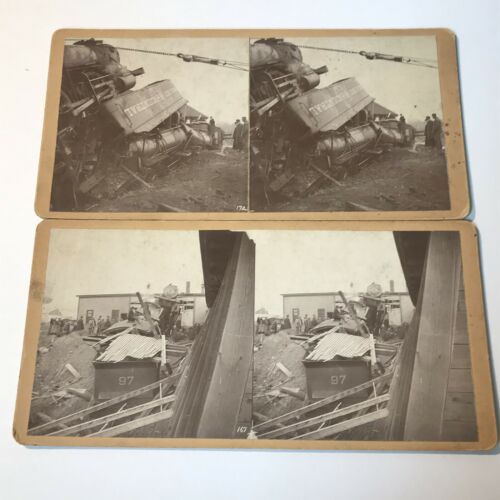 1901 Rare Maine Central RR Wreck Stereograph Stereoview Antique Photo Cards (2)