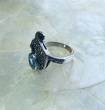 Vintage Sterling Silver 925 Marcasite Onyx Blue Topaz Ring Size 5.5