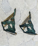Antique Verdigris Metal Egyptian Woman Playing Musical Harp Book Ends Bookends