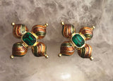 Vintage Green Rhinestone Gold Tone Enamel Pierced Earrings