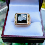 Vintage 14K Gold Plated Multi Gem Stone Black S Custom Mens Ring Size 9.75 w Box