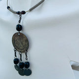 Vintage Artisan Ethnic Black Bead Foreign Coin Silver Tone Collar Necklace