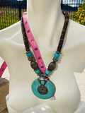 Silver & Turquoise Tone Stone Disc Artisan Wood Bead Statement Fashion Necklace