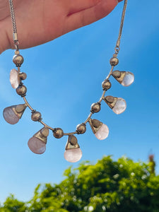 Bali Sterling Silver 925 Pear Gem Bead Rose Quartz Moon Stone Necklace 39.7g