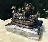 Antique Bronze A Moreau Signed Boy + Girl Statue Bookends Mounted on Marble Rare