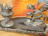 Spoonliques Pewter Crystal Double Headed Mythical Magic Dragon & Castle Figurine