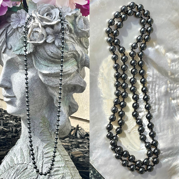 Vtg 32” Long 8mm+ Hematite Black Stone Beaded Hand Knotted Non Magnetic Necklace