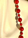 Vintage 10mm Gold Tone + Red Jasper Round Stone Beaded Necklace