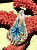 Blown Art Glass Necklace Teardrop Blue Flower Pendant