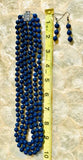 Vintage Hand Knotted Blue Lapis Lazuli Stone Beaded 3 Row Necklace Earring Set