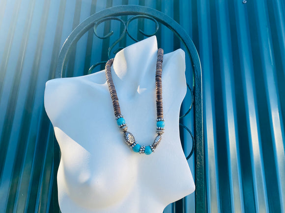 Vintage Artisan Wood Blue Silver Tone Wooden Beaded Faux Turquoise Necklace