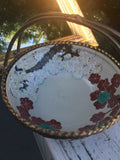 Rare Ceramic + Metal Signed Chinese Hand Painted Floral Bowl Basket