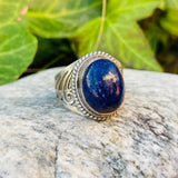 Vintage Sterling Silver Signed 925 Blue Lapis Lazuli Stone Ornate Ring Size 7.5