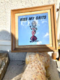Vintage Kiss My Grits Woman Smoking Framed Mirror Art Wall Picture Decor Rare