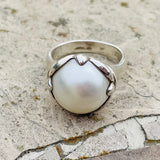 Sterling Silver 925 Signed Bask Faux Pearl Ring Size 8 Weighs 9.1g