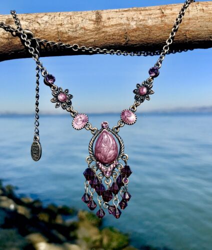 Vintage Paris France Silvertone Purple Enamel Pink Rhinestone Flower Necklace