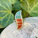 Sterling Silver Signed 925 Mosaic Long S Turquoise Stone Coral Ring Size 6.5