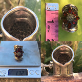 Sterling Silver Signed 925 Marcasite Red Garnet Stone Flower Ring 17g Size 5.5