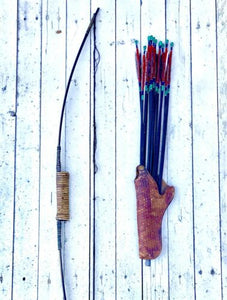 Vintage Handmade African Bow + 14 Metal Tip Arrows Archery Set