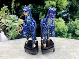 Rare Vintage Chinese Cloisonne Enamel Horse Figurine Carved Wood Stand Set of 2