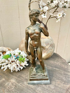 Vintage Michelangelo's David Bronze Copper Mixed Metal16" Statue On Marble Base