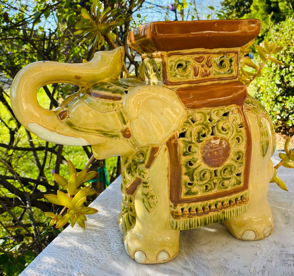 Vintage Hand Painted Large Ceramic Elephant Art Statue Plant Stand Holder