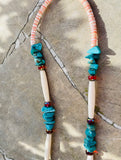 Chunky Turquoise Tone Artisan Shell Bead Red & White Beaded Fashion Necklace