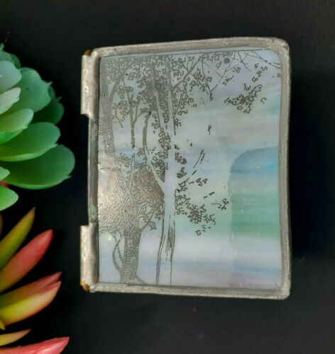 Multi colored stained glass trinket box, enchanted forest scene, mirror inside