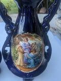 Antique Victorian Ladies Outdoor Scene Hand Painted Blue Antique Austrian Vases
