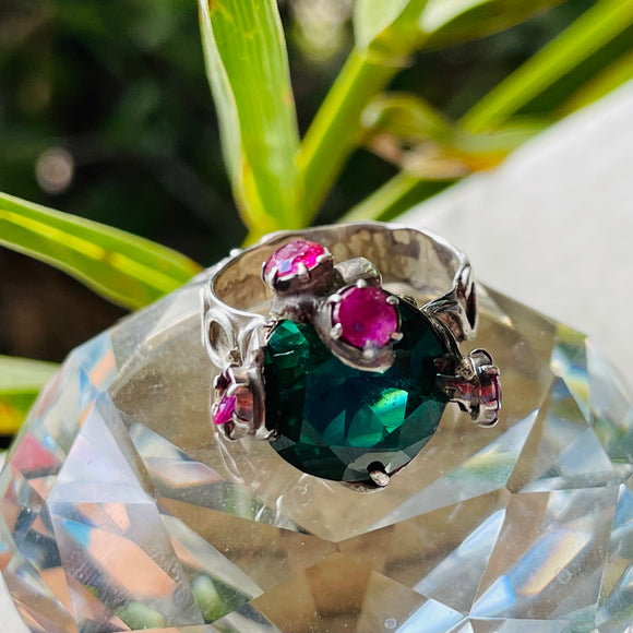 Vintage Sterling Silver 925 Ornate Emerald & Pink Gemstone Ring 5.4g Size 5