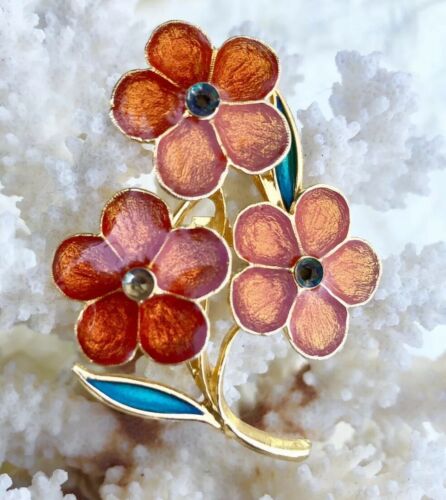 Vintage Enameled Spinning Rotating 3 Flowers Pin Orange And Gold Tone Brooch