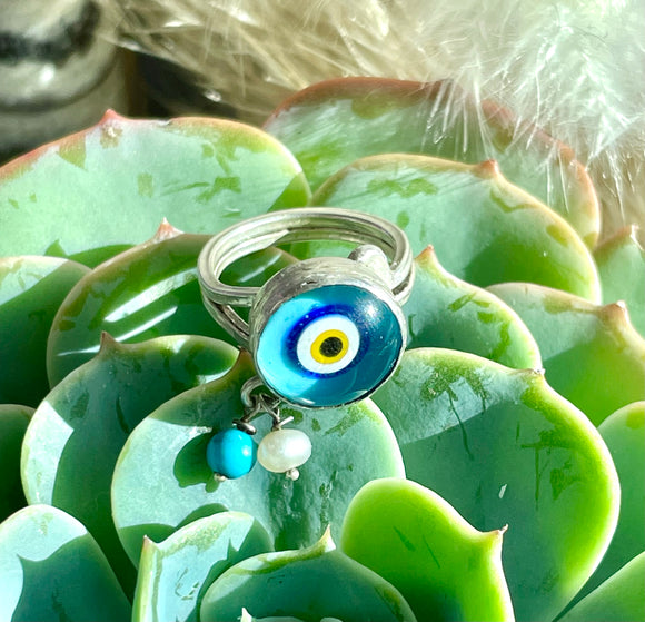 Glass Evil Eye Sterling Silver 925 Handmade Turquoise Pearl Bead Adjustable Ring