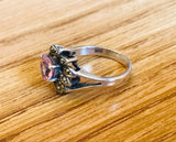 Vintage Sterling Silver 925 Marcasite Pink Rose Quartz Stone Heart Ring Size 7.5