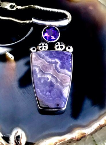 Vintage Native American Signed Gary 925 Sterling Silver Purple Agate + Amethyst Necklace