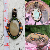 Old Sterling Silver 925 Abalone Multi Stone Orange Green Turquoise Pendant 7.4g