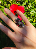 Sterling Silver Signed 925 Marcasite Red Garnet Stone Flower Ring 17g Size 5.5