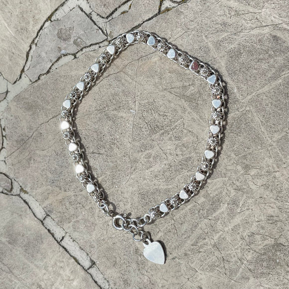 Dainty Sterling Silver 925 Heart & Sunflower Bracelet Weighs 8.0g