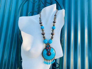 Faux Turquoise Tribal Beaded Large Dangle Pendant Statement Fashion Necklace