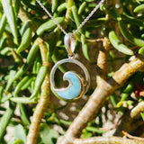 Sterling Silver 925 Italy Larimar Gem Stone Ocean Wave Pendant Necklace 6.7g