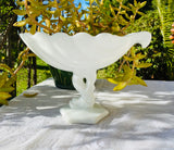 Vintage White Milk Art Glass Ribbed Sea Shell Fish Pedestal Bowl