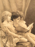 Antique Gold Gilt Frame Mother Reading to Daughter Sepia Portrait Art Picture